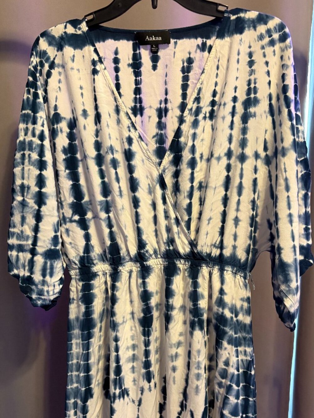 Aakaa Blue White Shibori Tie Dye Maxi Dress Large Faux Wrap Slit Boho Resort 60"